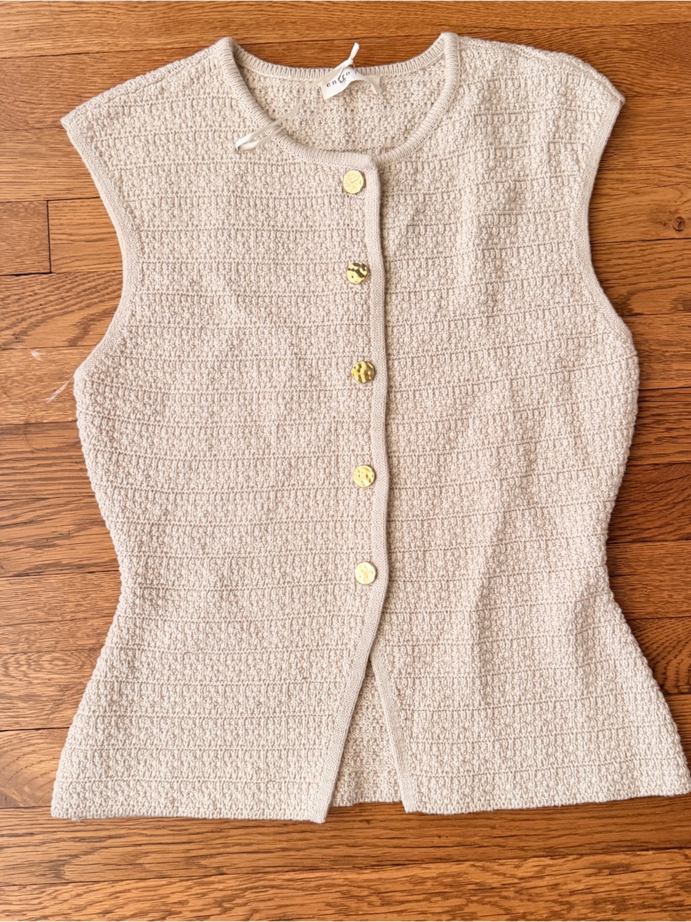 Anthropologie Cream Textured Knit Sleeveless Cardigan with Gold Buttons